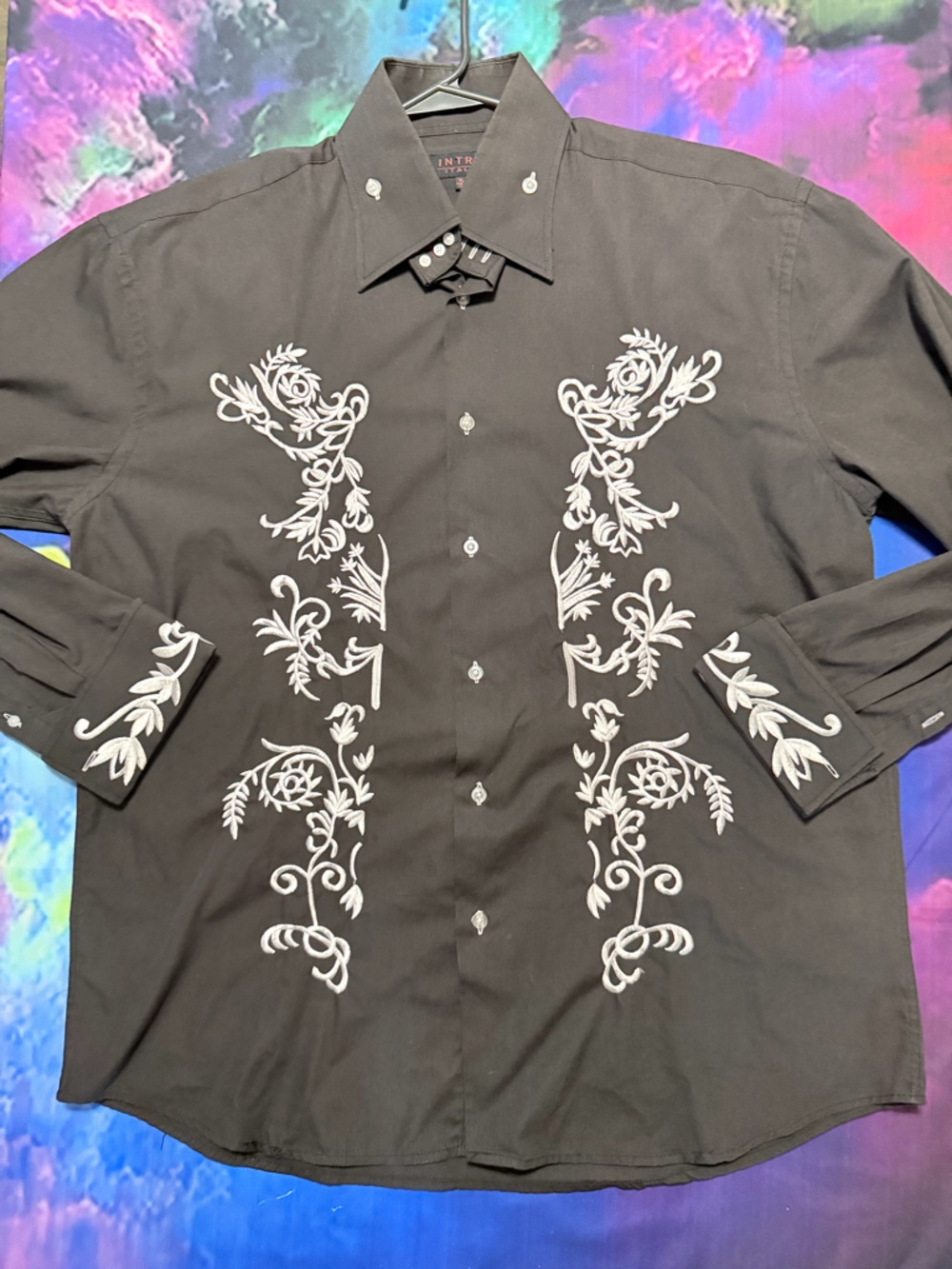 intro. Black Button-Front Shirt with White Accent Buttons